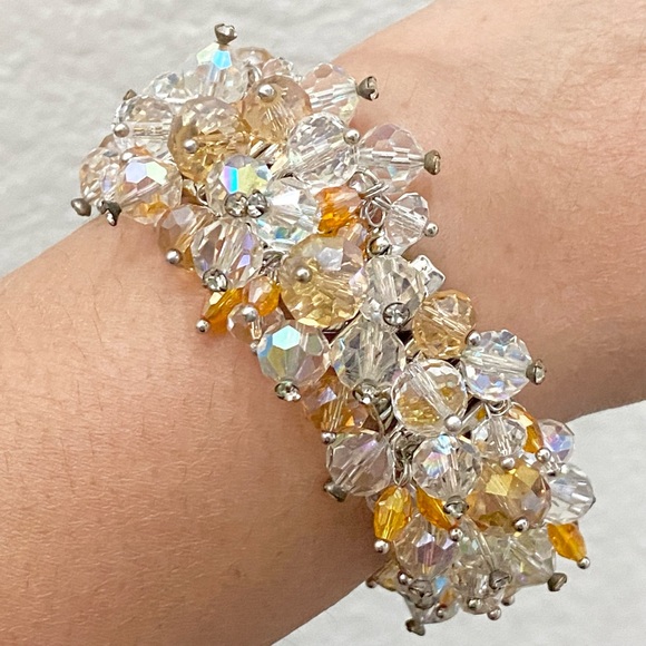 Vintage Citrine/Clear Crystal Beads Expandable Bracelet - Picture 4 of 12